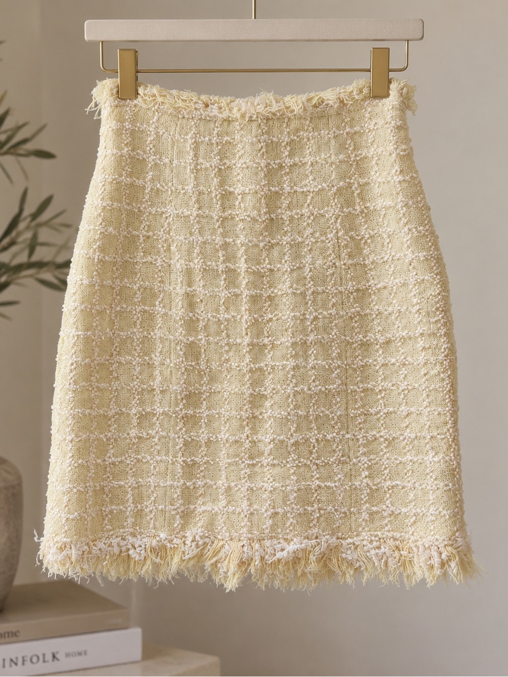 CHANEL Cream Tweed Fringe Pencil Skirt